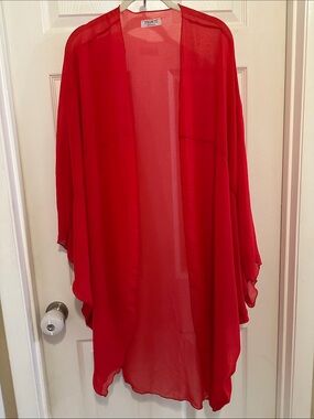 Frumos Red Sheer Coverup Open-Front Poncho Shrug